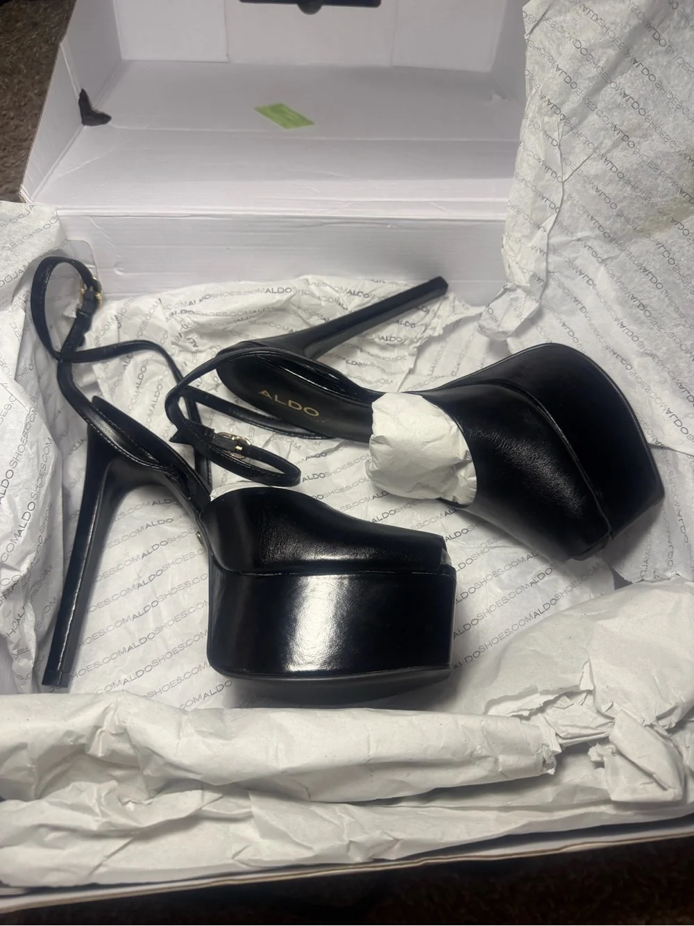 ALDO Black Thalina Leather Platform Stiletto Peep-Toe Heel with Ankle Strap
